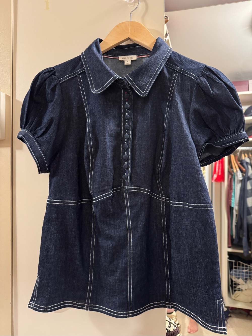 Anthropologie Pilcro Puff Sleeve Denim Top Size Small